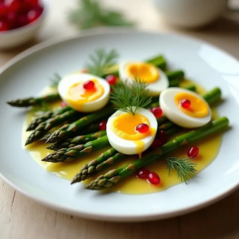 Brotas de Espárragos con Vinagreta de Mostaza y Huevos Escabechados: Entrante Francés Elegante