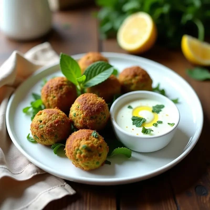 Falafel de Garbanzos Verdes con Salsa de Yahourt y Menta: Aperitivo Egipcio Sin Fritura