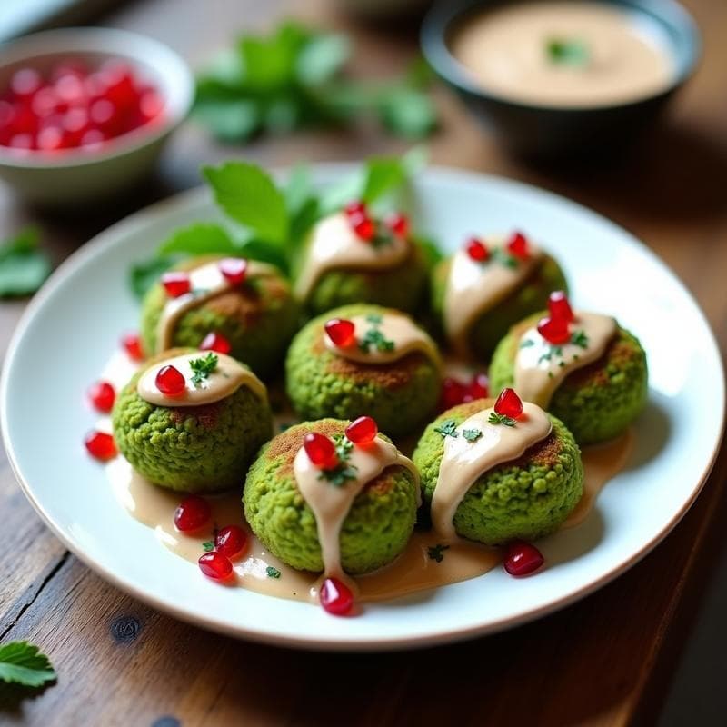 Falafel de Garbanzos Verdes con Salsa de Tahini y Granada: Aperitivo Libanés Crudivegano en 10 Minutos