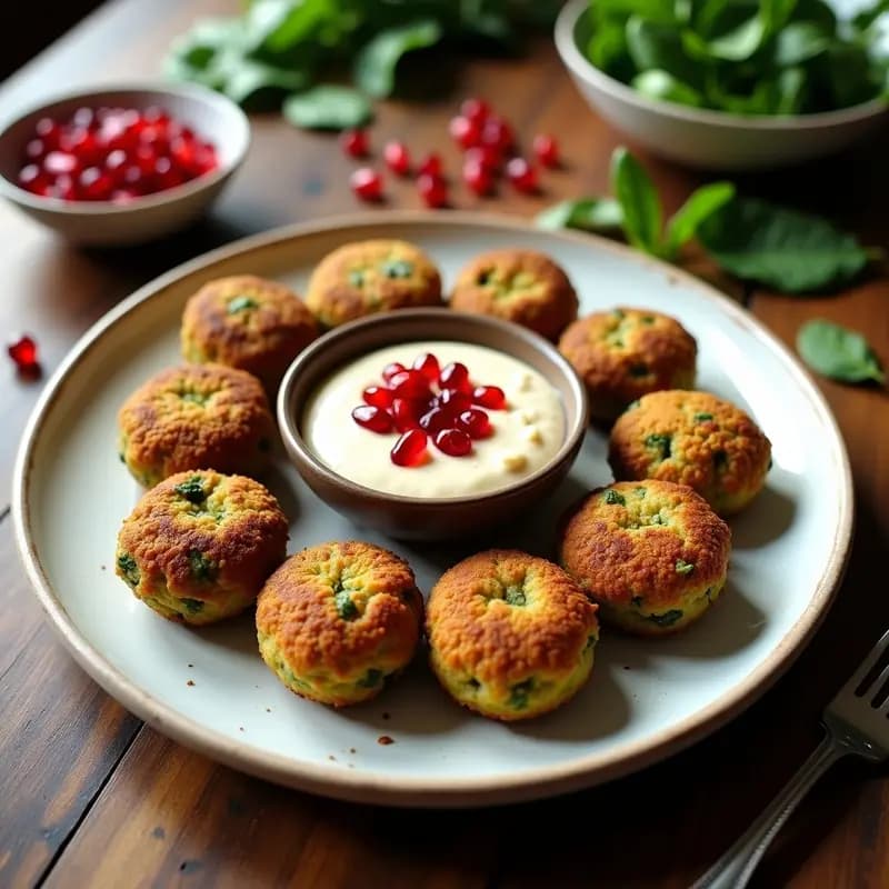 Falafel de Habas y Espinacas con Salsa de Tahini y Granada: Receta Libanesa Crujiente y Sin Freír