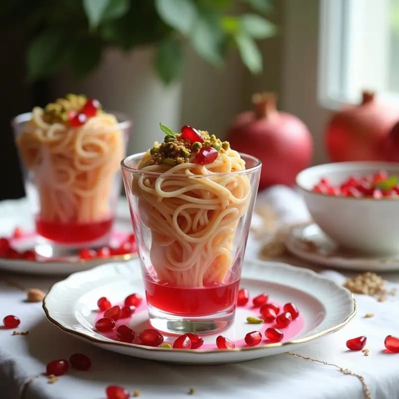 Faludeh Persa con Rosa y Granada: Postre de Fideos de Trigo con Jarabe y Frutas