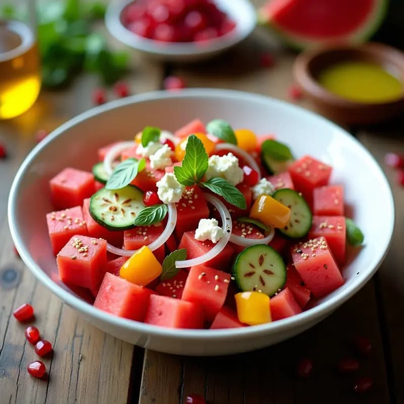 Fattoush de Sandía y Queso Feta: Ensalada Árabe Refrescante y Sin Horno