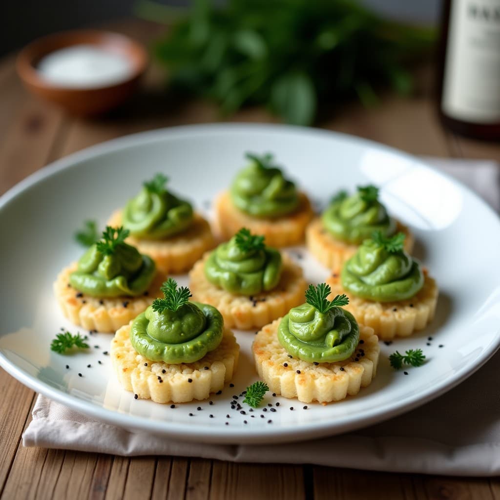 Galettes de Arroz Inflado con Pesto de Brócoli y Semillas de Cáñamo: Aperitivo Francés Sin Gluten