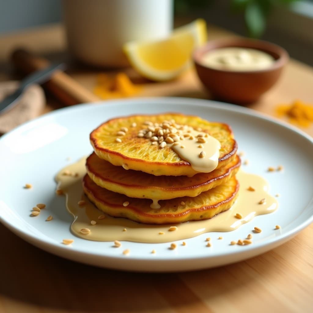 Galettes de Plátano Macho y Cúrcuma con Crema de Tahini: Desayuno Vegano y Sin Harina