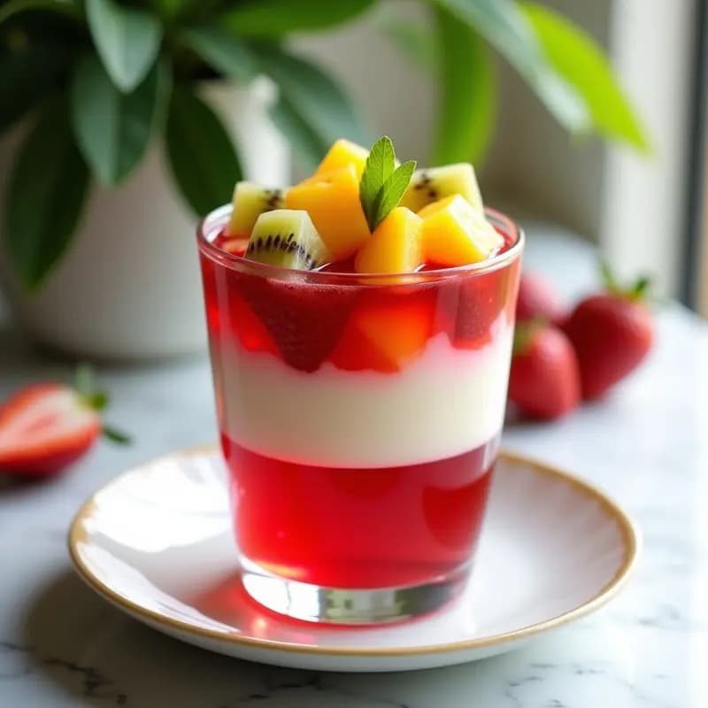 Gelatina de Té de Hibisco con Trozos de Fruta Fresca: Postre Detox y Refrescante en 3 Capas
