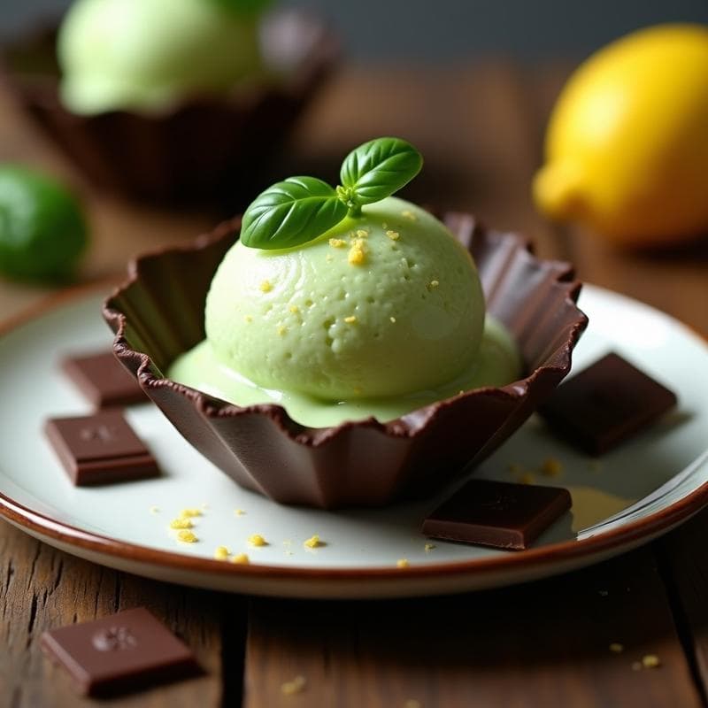 Gelato de Albahaca y Limón con Virutas de Chocolate 100%: Postre Italiano Keto Sin Lácteos
