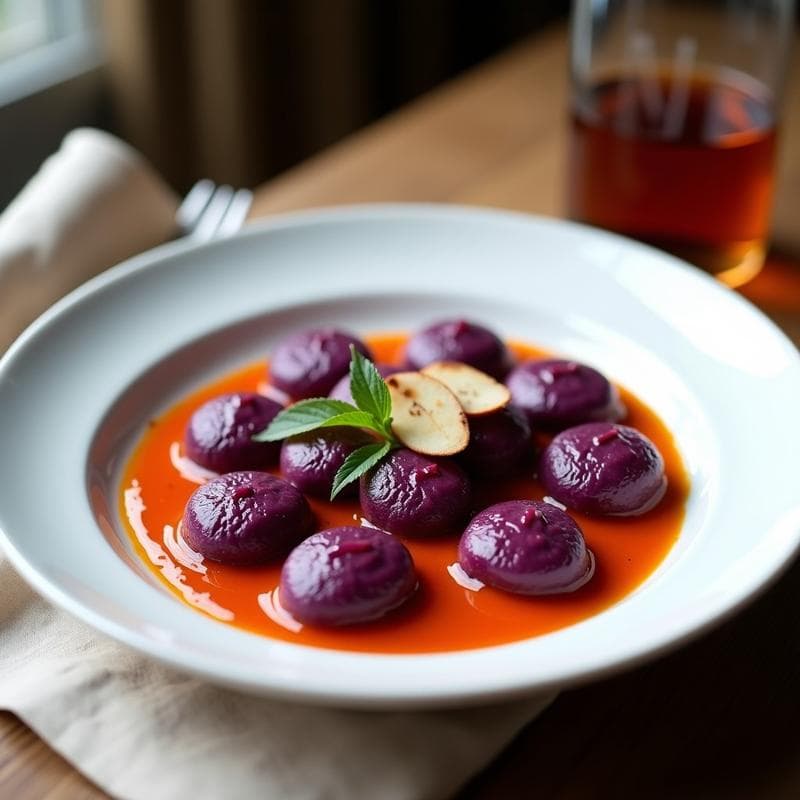Gnocchi de Batata Morada con Salsa de Romesco: Receta Española Vegana y Sin Gluten