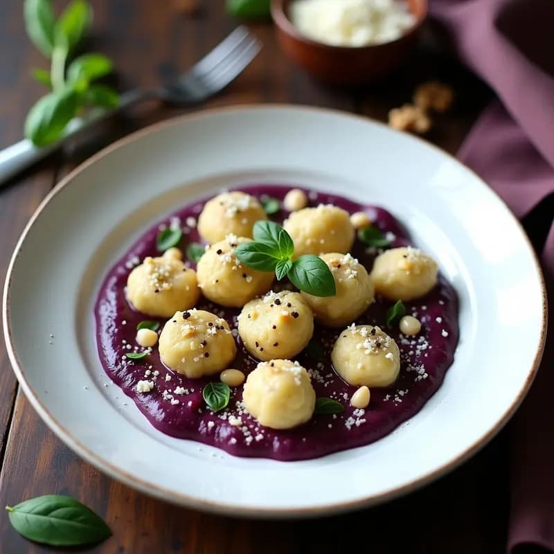 Gnocchi de Puré de Coliflor con Salsa de Pesto de Albahaca Morada: Receta Italiana Keto