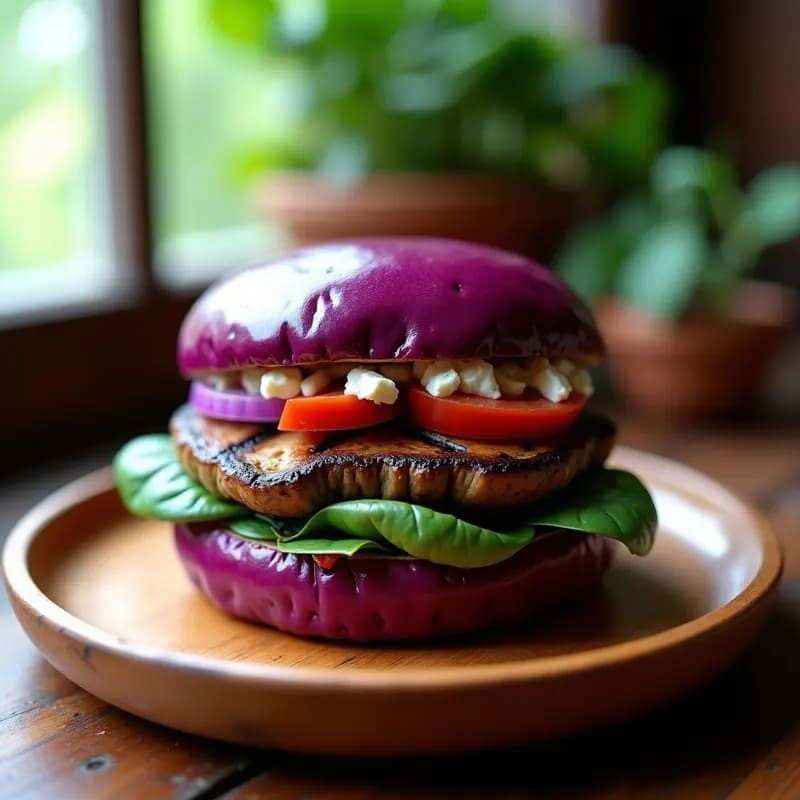 B según de Hongos Portobello y Queso de Cabra: Hamburger Vegana con Pan de Remolacha