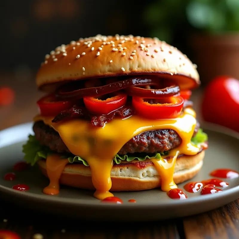 Hamburguesa de Chorizo con Queso Fundido y Pimientos Asados: Receta Mexicana Picante