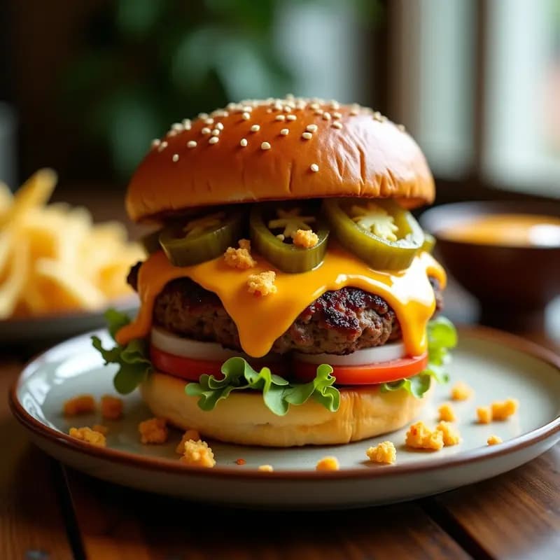 Hamburguesa de Chorizo y Queso con Salsa de Queso Nacho y Jalapeños: Receta Mexicana con Toque Tex-Mex