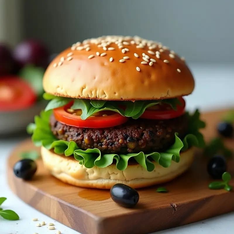 Hamburguesa de Lentejas Negras y Aceitunas Kalamata con Pan de Espinacas: Receta Griega Vegana