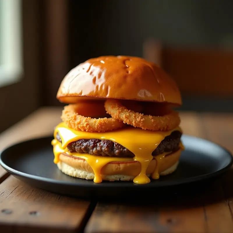 Hamburguesa con Pan de Brioche Queso Cheddar y Aros de Cebolla Fritos: Receta Clásica mejorada