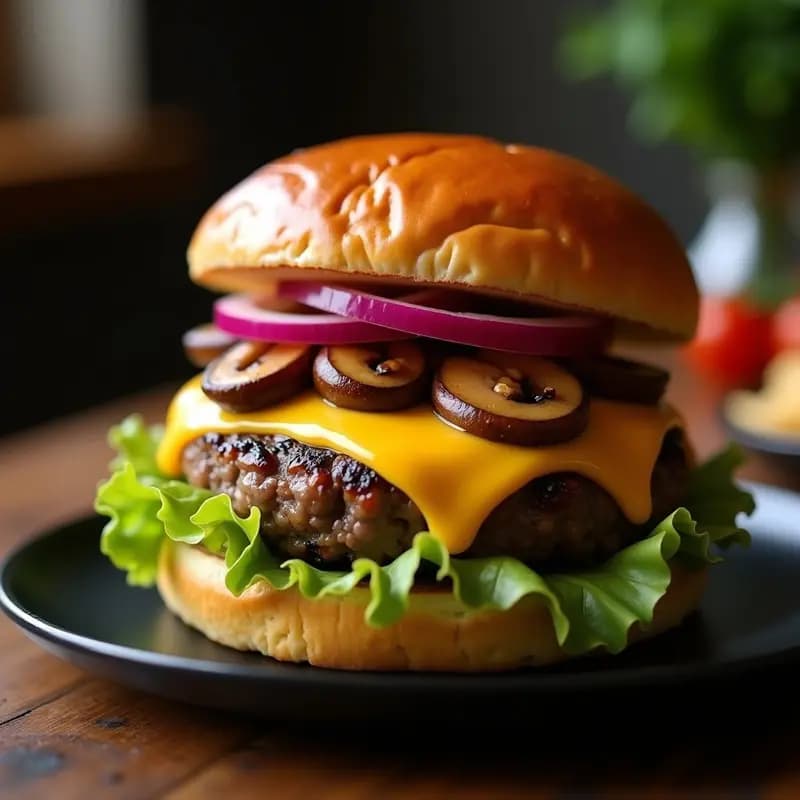 Hamburguesa de Queso Fundido con Champiñones Salteados y Salsa Trufa: Receta Gourmet para una Ocasión Especial