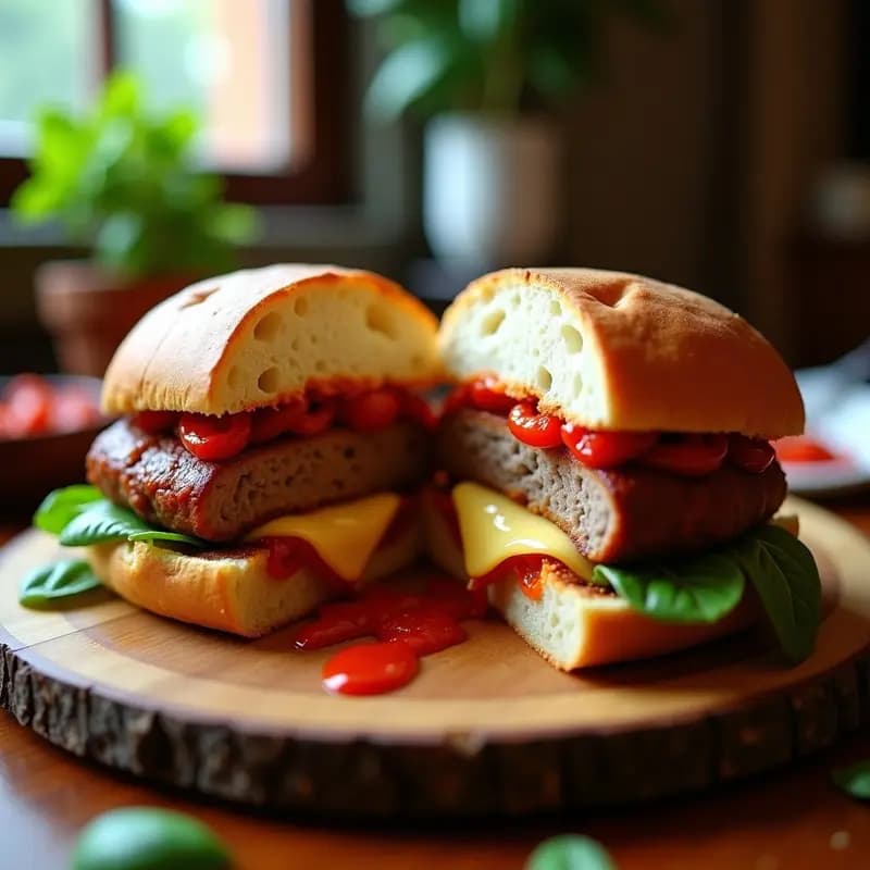 Hamburguesa de Salchicha Italiana con Provolone, Pimientos Asados y Salsa de Tomate Casera en Pan Ciabatta