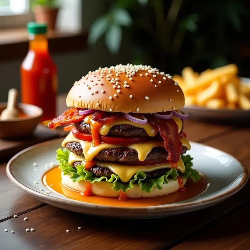 Hamburguesa Triple de Queso Azul y Tocino con Salsa de Miel Picante: Receta Ultraindulgente para Antojos Nocturnos