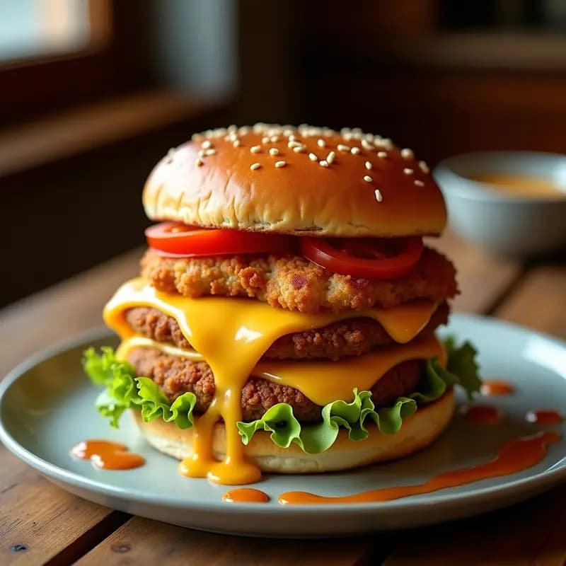 Hamburguesa Triple Queso con Lomo de Cerdo Frito y Salsa de Caramelo Salado: Cheat-Meal Extremo para Amantes de la Carne