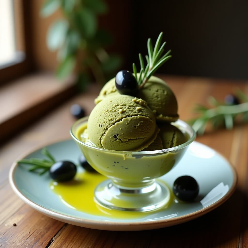 Helado de Aceituna Negra y Romero: Postre Gourmet Salado Vegano en 3 Ingredientes