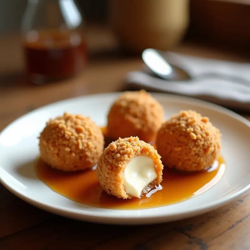 Helado Frito con Recubrimiento de Cereales y Sirope de Caramelo: Postre Crujiente por Fuera y Crema por Dentro