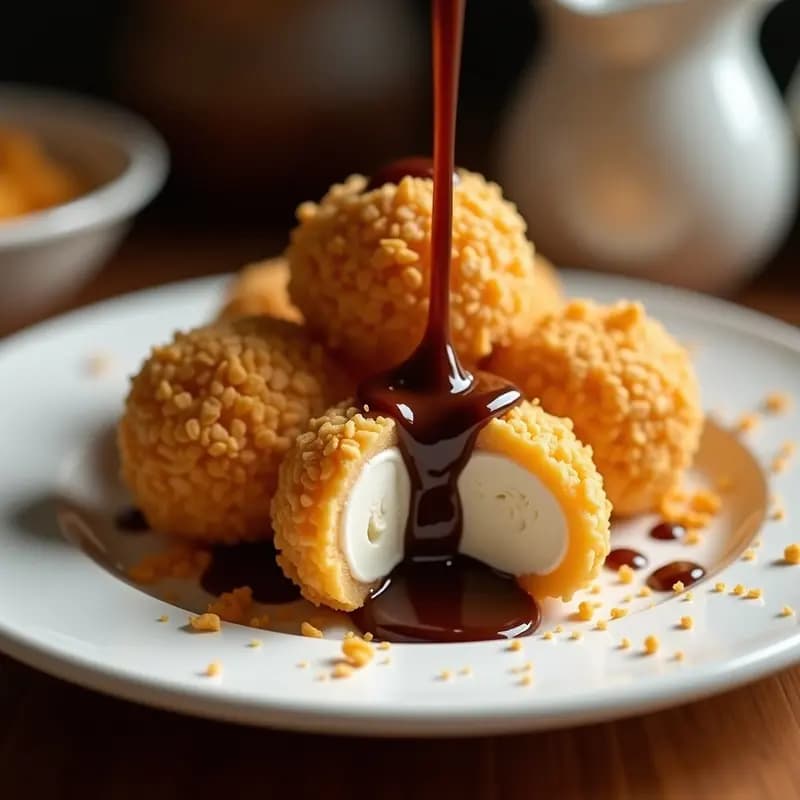 Helado Frito empanizado con Corn Flakes y Sirope de Chocolate Caliente