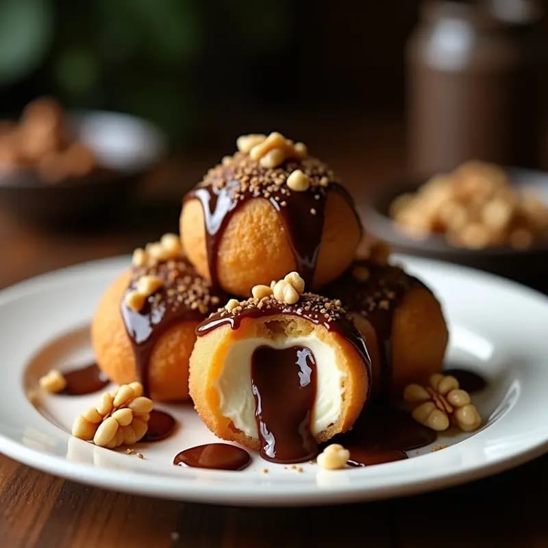 Helado Frito con Sirope de Chocolate y Nuez Picada: Postre Frío y Crujiente en un Solo Bocado