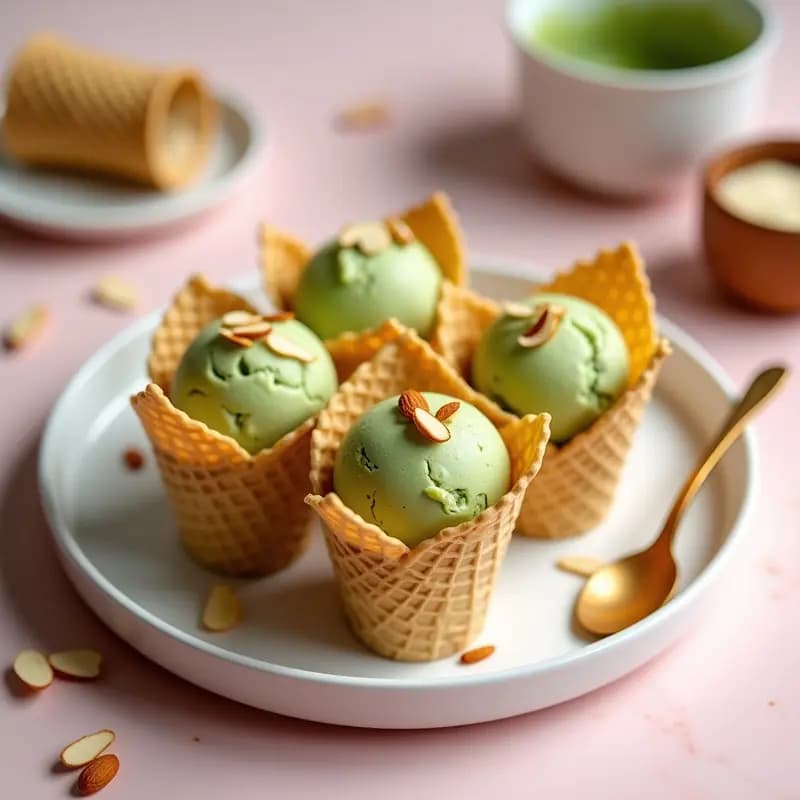 Helado de Matcha y Queso Mascarpone en Cono de Galleta de Arroz: Postre Keto Sin Azúcar