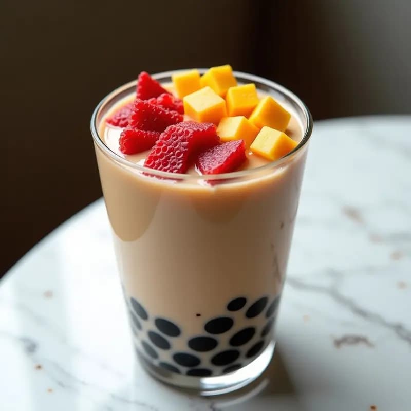 Helado de Té de Burbujas con Leche de Avena y Toppings de Frutas Liofilizadas: Postre Taiwánes Ultra Visual
