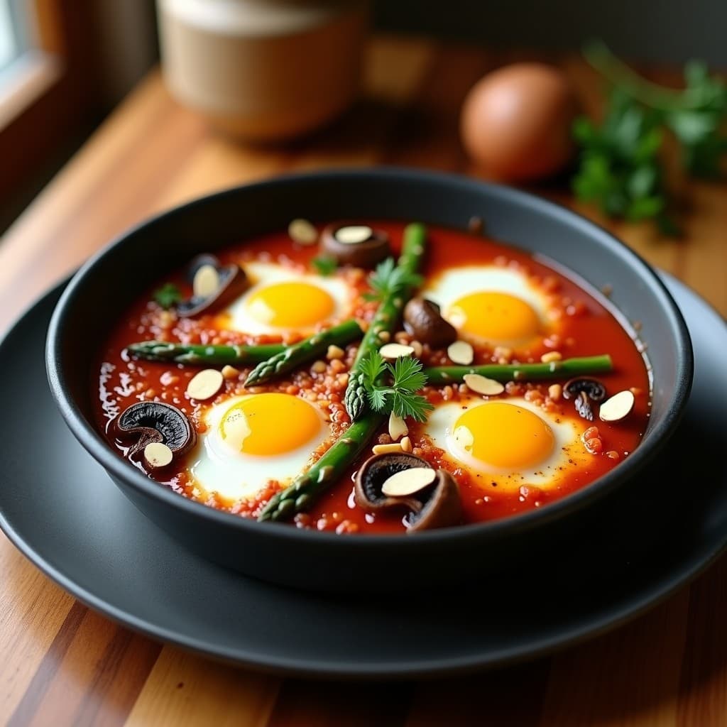 Huevos a la Flamenca con Espárragos Trilados y Trompeta de la Muerte: Receta Española Gourmet en Airfryer