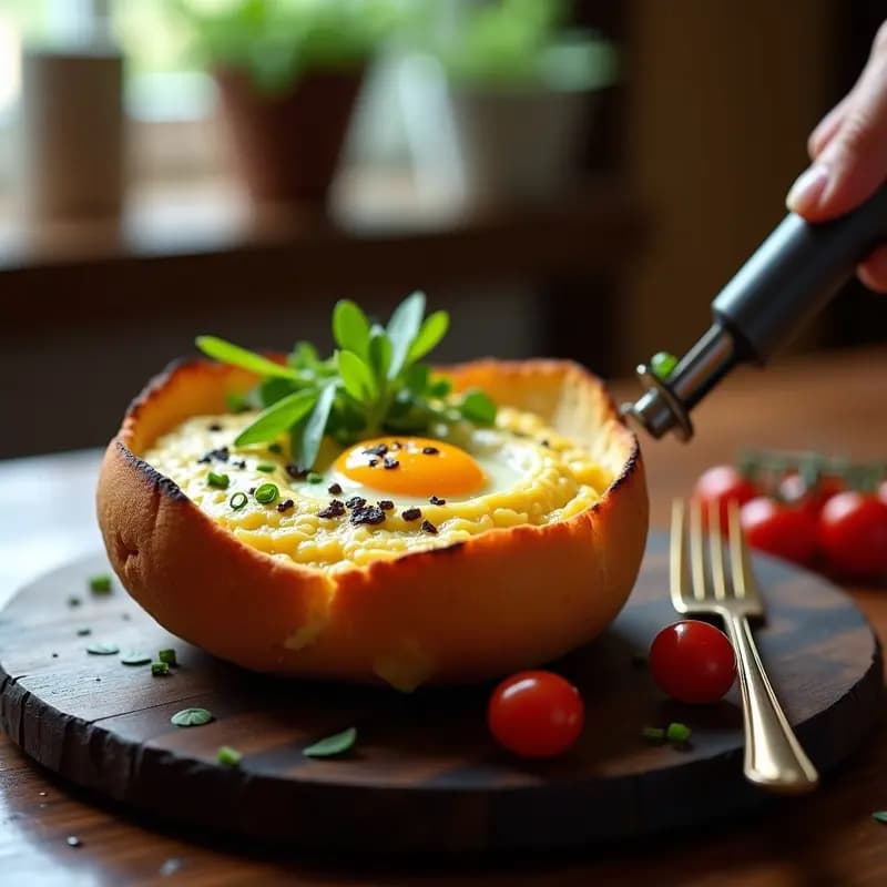 Huevos a la Flama con Queso de Cabra y Trufa Negra en Cáscara de Pan: Receta Francesa de Brunch