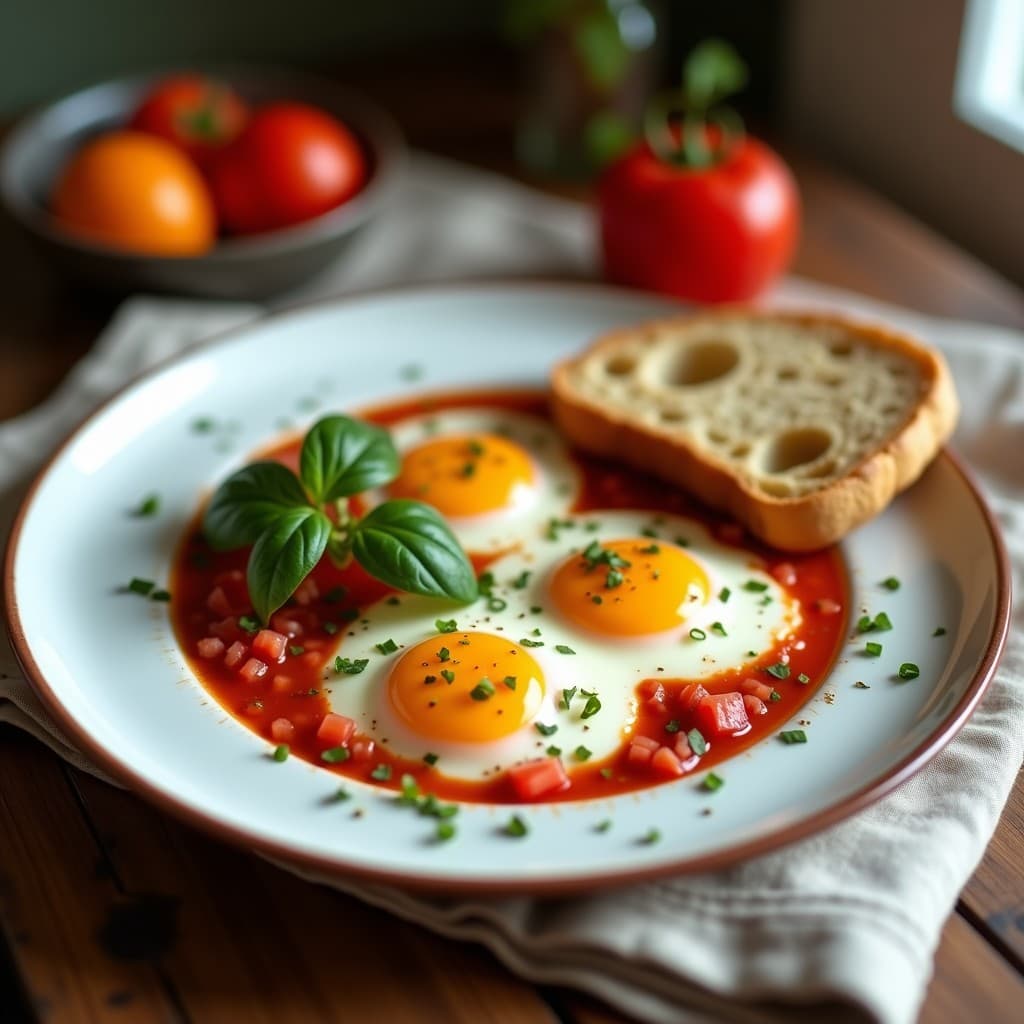 Huevos pochados en Salsa de Tomate y Albahaca con Pan Sin Gluten: Desayuno Mediterráneo
