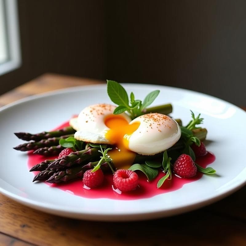 Huevos Pochados con Espárragos Morados y Vinagreta de Frambuesa: Receta Francesa Alta en Proteína