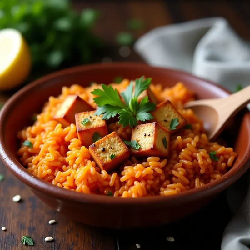 Jollof Rice Nigeriano con Tofu Marinado en Especias: Receta Vegana en una sola Olla y Alta en Proteína