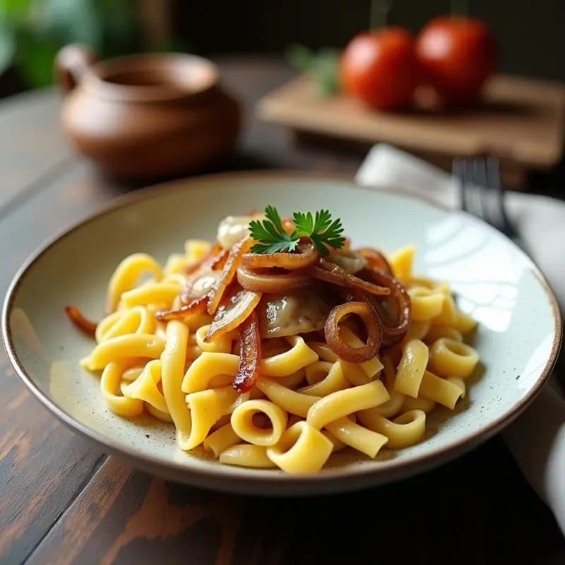 Kaese Spätzle con Cebolla Caramelizada: Receta Alemana Sin Gluten