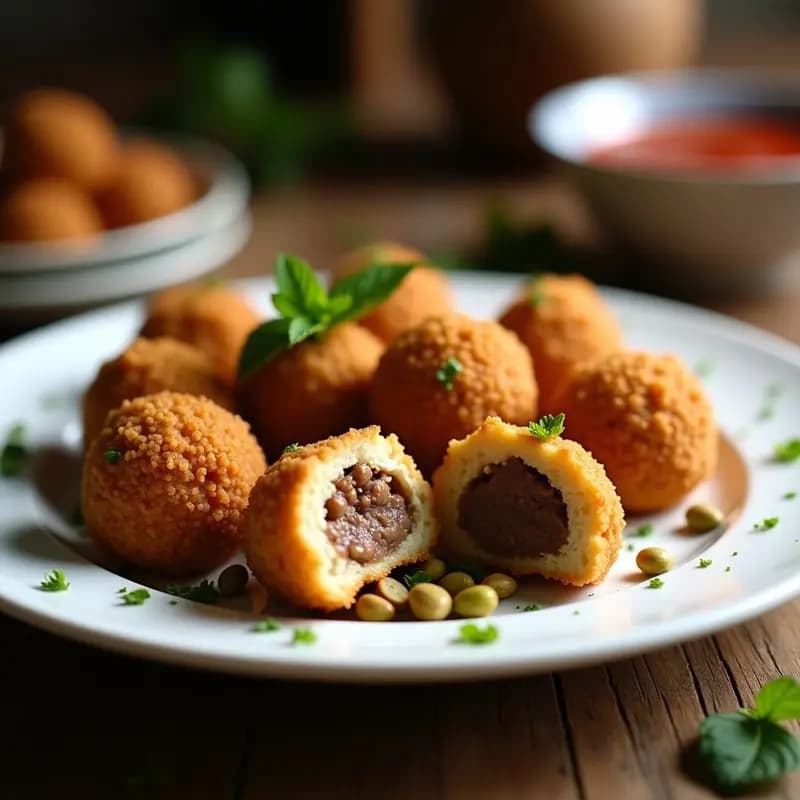 Kibbeh Libanés de Cordero y Bulgur: Croquetas Fritas con Relleno de Carne y Frutos Secos