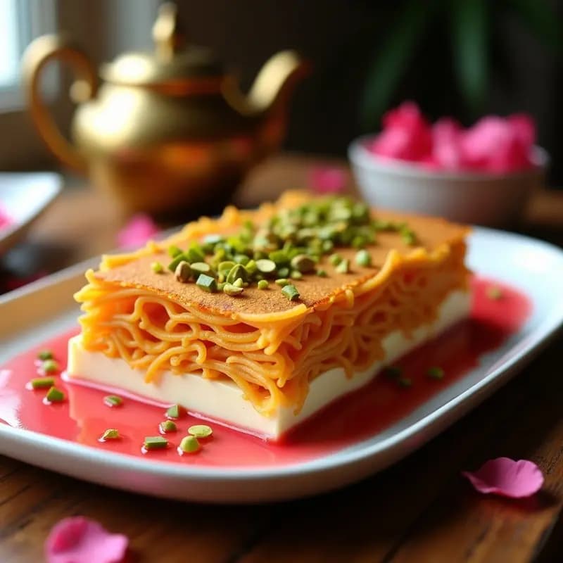 Knafeh de Batata y Queso de Caju: Postre Sirio Vegano con Sirope de Rosa