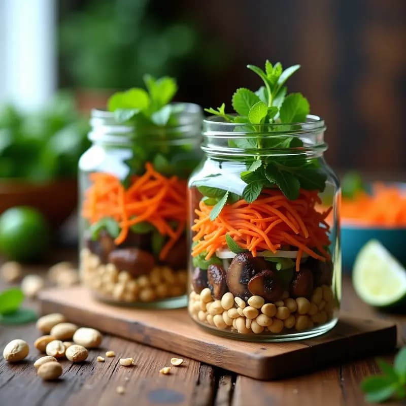 Larb de Champiñones y Menta: Ensalada Tailandesa Picante en Tarro para Tupper