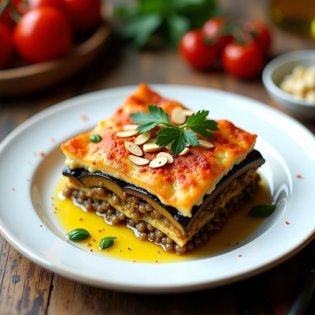 Lasagna de Berenjena y Lentejas Korzo: Receta Griega Sin Horno y Sin Lácteos