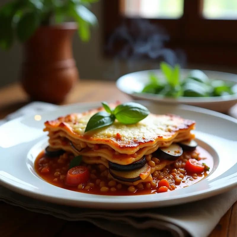Lasagna de Berenjena y Lentejas con Salsa de Tomate y Queso de Castaña: Receta Italiana Vegana