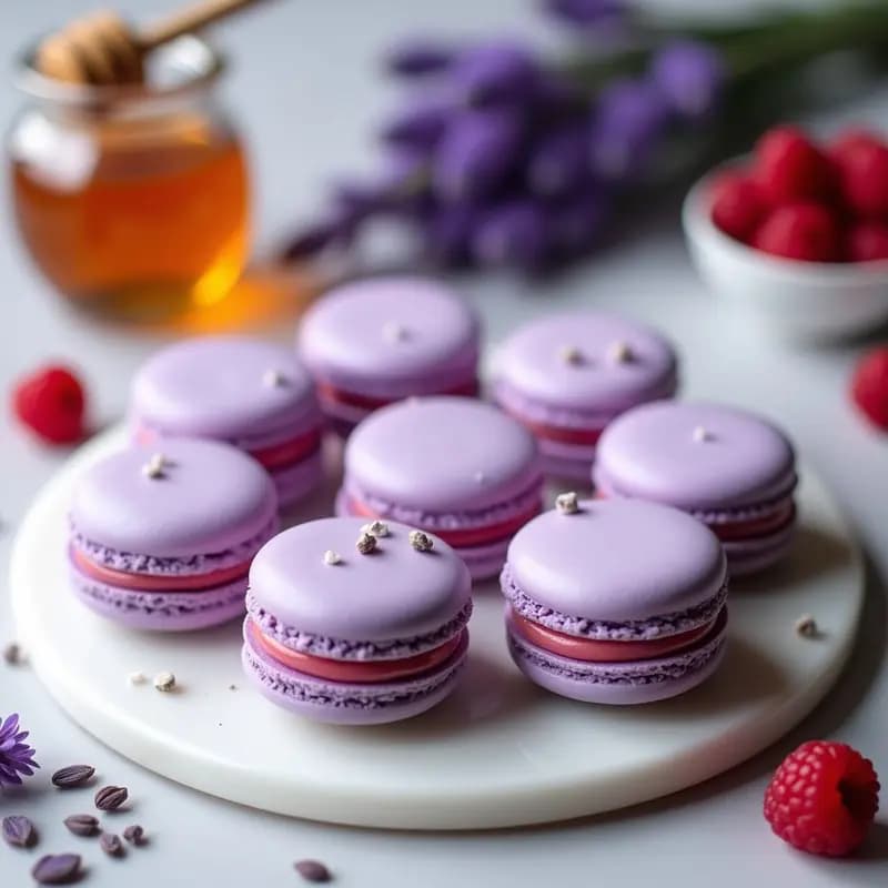 Macarons de Lavanda y Miel con Relleno de Ganache de Frambuesa: Postre Francés Gourmet