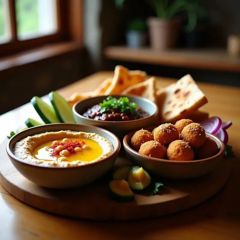 Tabla de Mezze con Hummus, Babaganush y Falafel: Aperitivo Árabe para Compartir