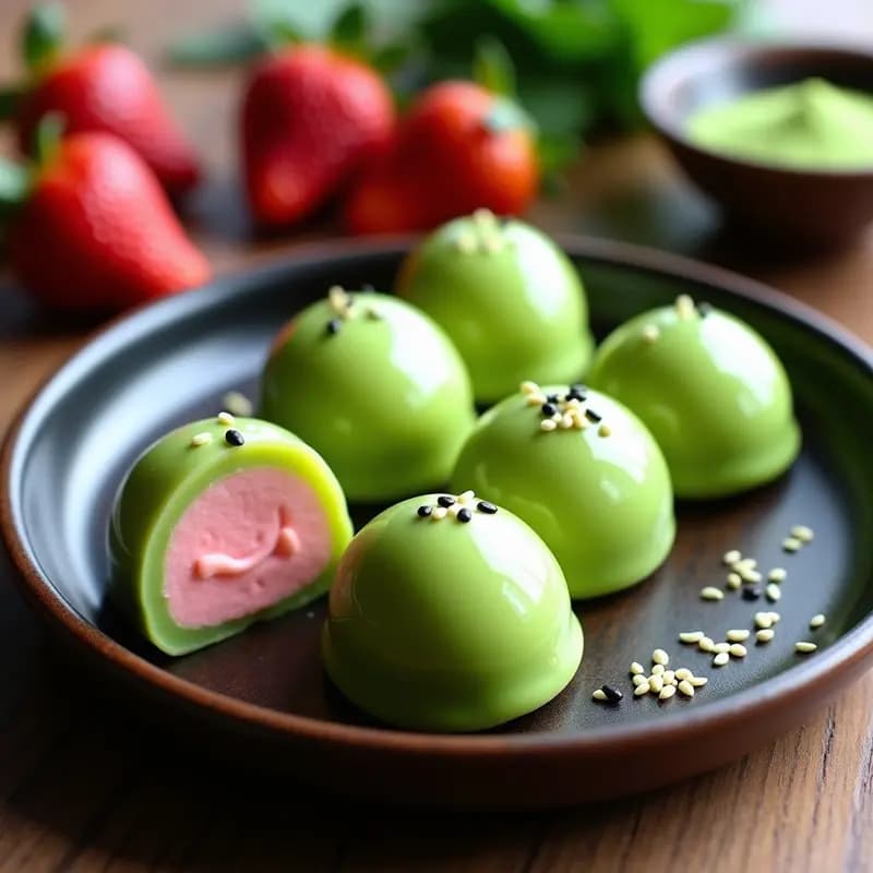 Mochi Japonés de Fresa y Matcha: Bocaditos Dulces y Elásticos con Relleno de Crema