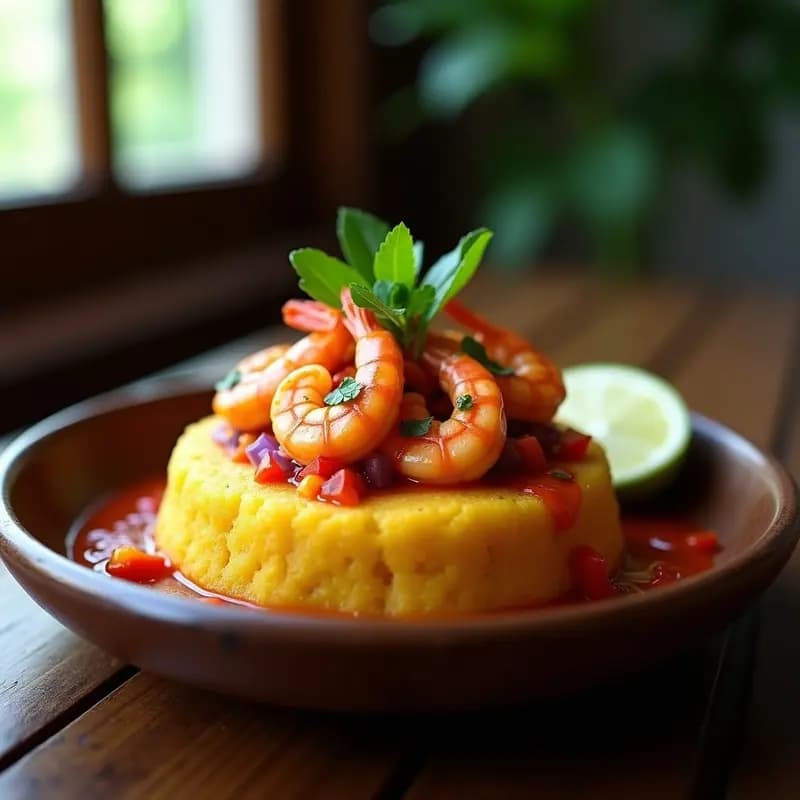 Mofongo Puertorriqueño con Camarones al Ají Picante: Plato de Plátano Macho Aplastado