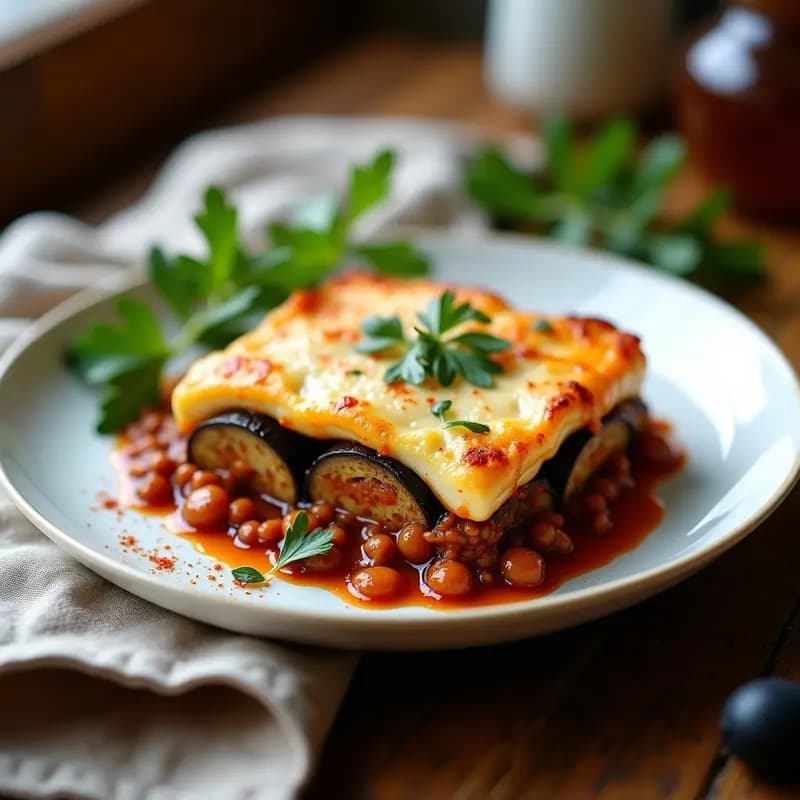 Moussaka de Lentejas y Berenjena: Pastel Griego Vegano en Capas Sin Carne