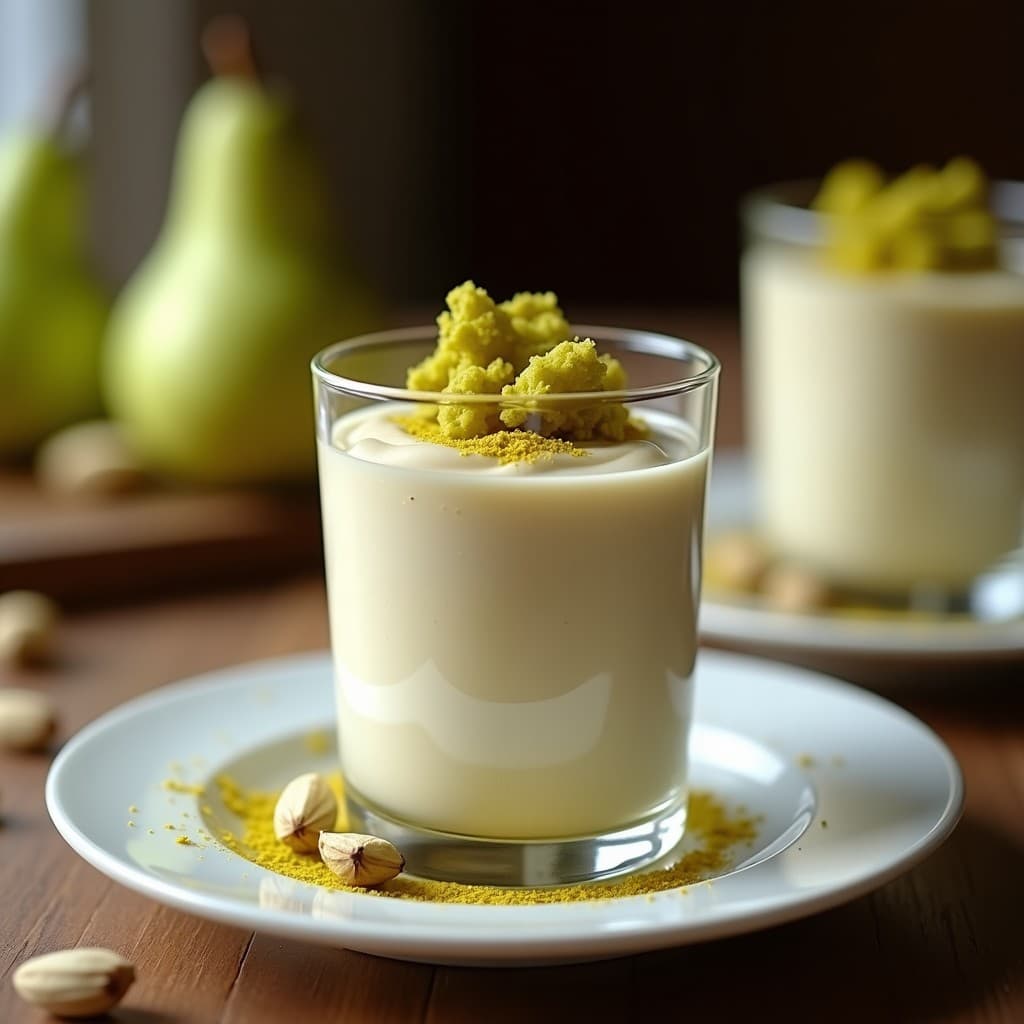 Mousse de Pera Williams y Cardamomo con Crujiente de Pistacho: Postre Francés Sin Lácteos