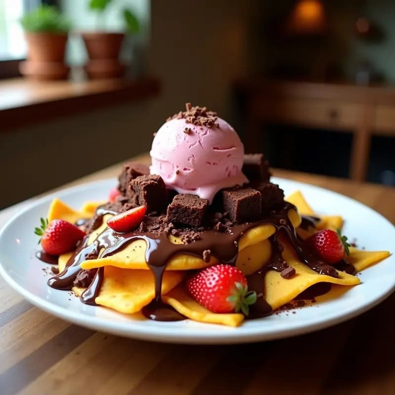 Nachos de Chocolate y Queso: Postre Mexicano con Helado de Fresa y Brownies Troceados
