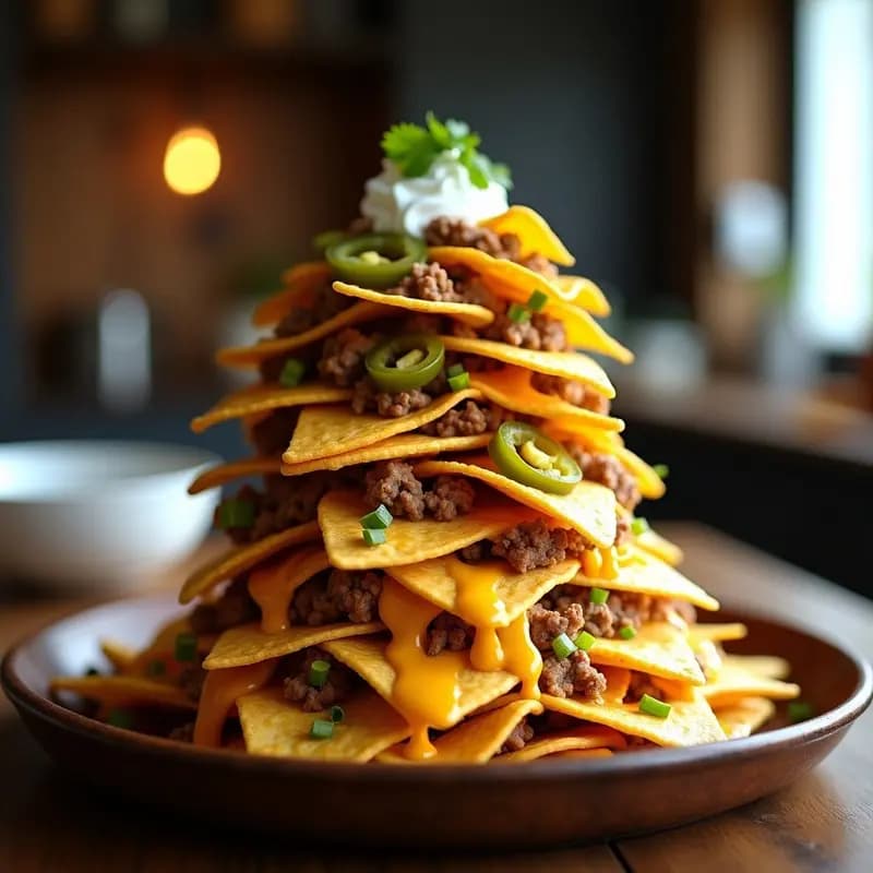 Nachos montagne con Queso Cheddar, Carne Molida, Jalapeños y Crema Ácida en Capas Infinitas