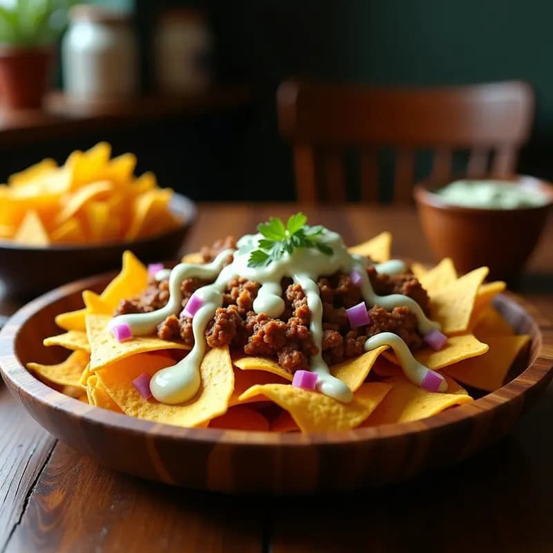 Nachos de Queso Cheddar y Carne Molida con Salsa de Queso Azul: Snack Mexicano para Compartir