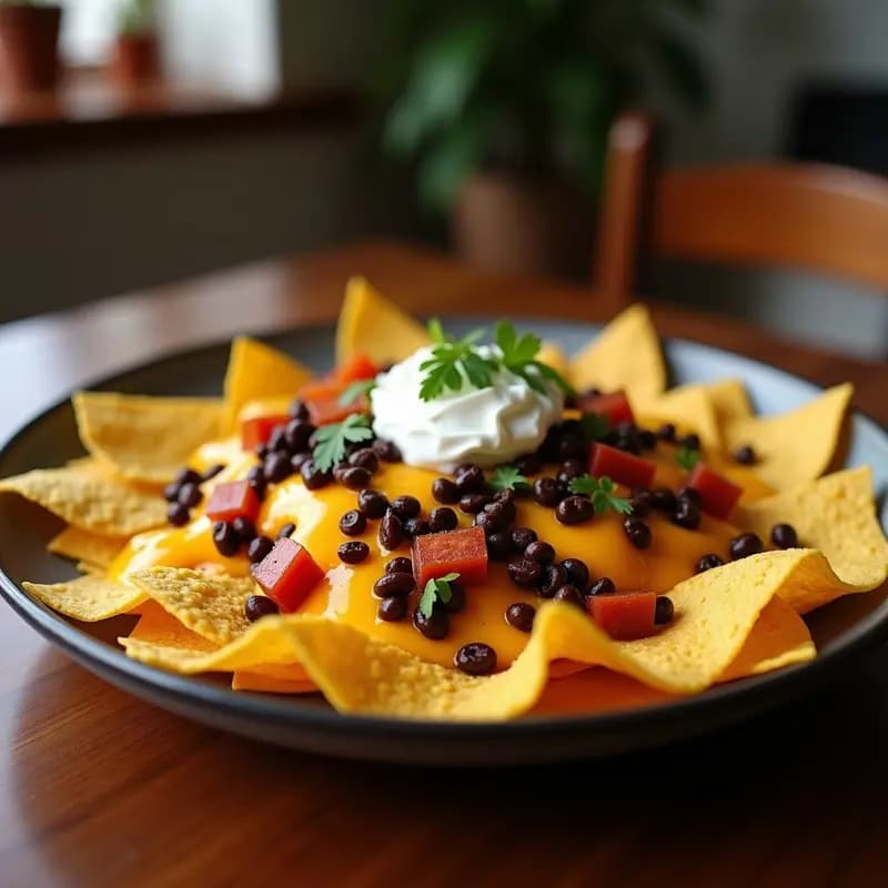 Nachos con Queso Cheddar, Chorizo, Frijoles Negros y Salsa de Queso Azul: Receta para Compartir en Grande