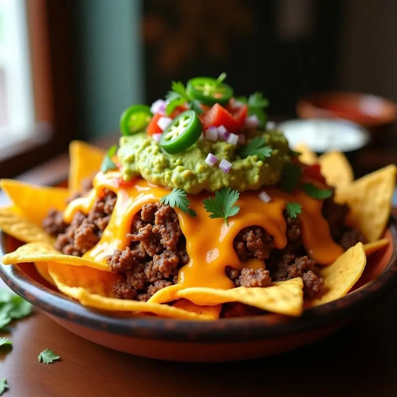 Nachos Volcán con Carne Molida, Queso Cheddar, Guacamole y Salsa de Queso Nacho: Montaña de Sabores