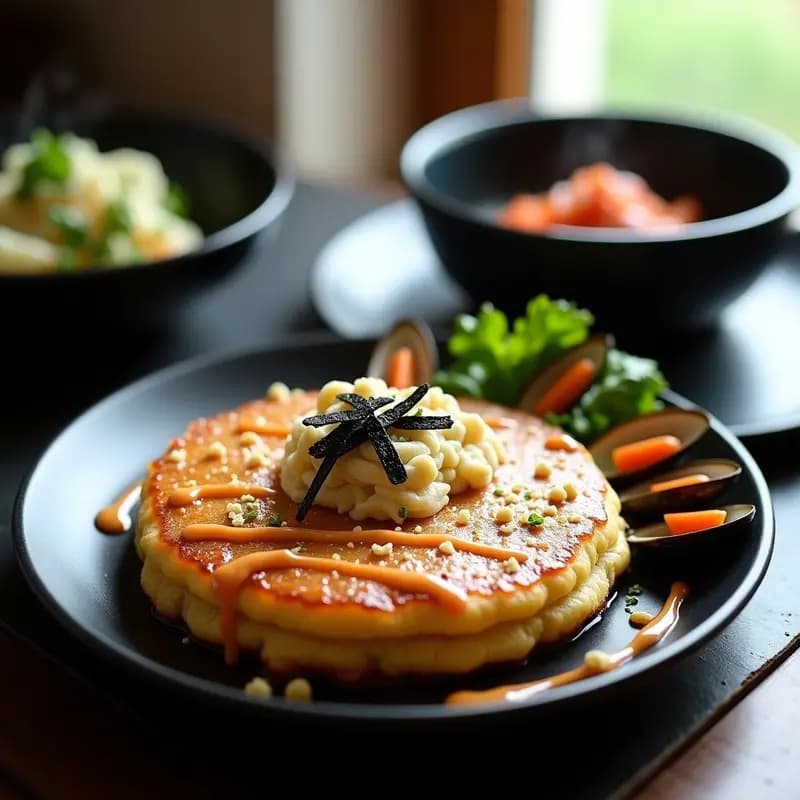 Okonomiyaki de Col Rizada y Champagne: Tortita Japonesa Salada con Toque Francés